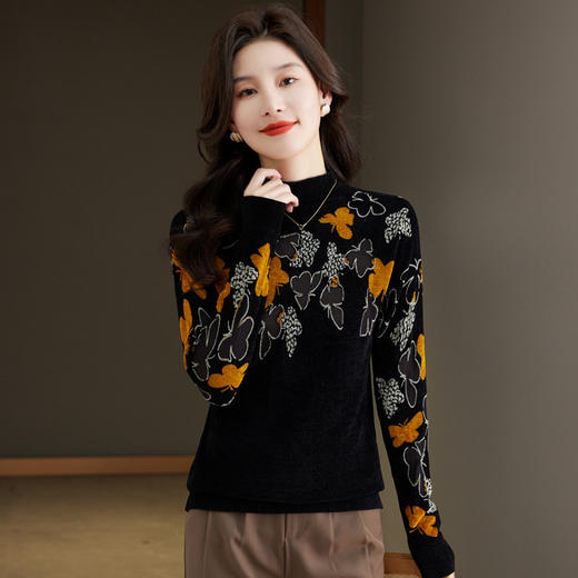 黑色天鹅绒打底衫，女士秋冬洋气毛衣新款妈妈内搭修身长袖t恤CC-121-8600 商品图3