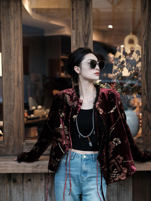 盛唐牡丹|丝绒烫金水貂毛夹棉斜襟系带上衣 商品图3