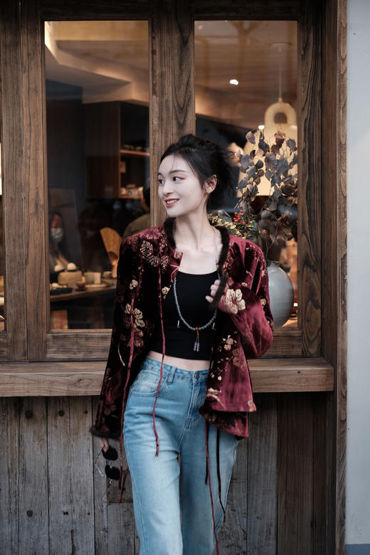 盛唐牡丹|丝绒烫金水貂毛夹棉斜襟系带上衣 商品图4