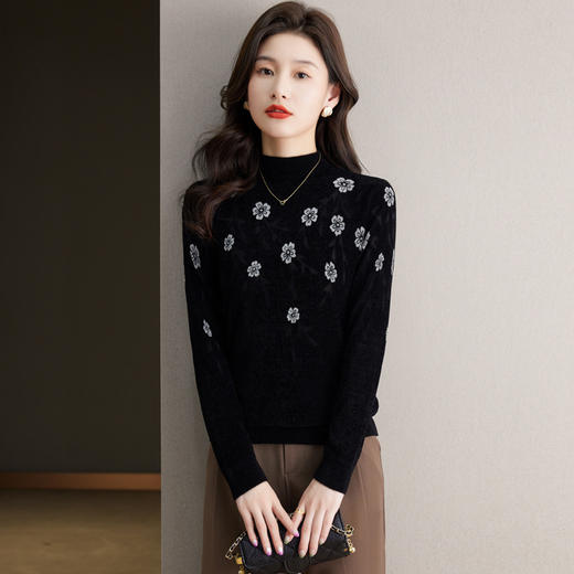 黑色天鹅绒打底衫，女士秋冬洋气毛衣新款妈妈内搭修身长袖t恤CC-121-8600 商品图1