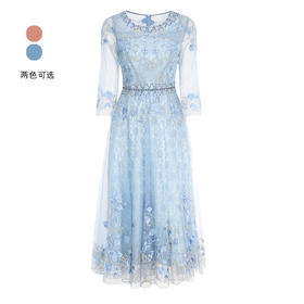 司歌刺绣礼服连衣裙圆领网纱显瘦长裙A88G1764