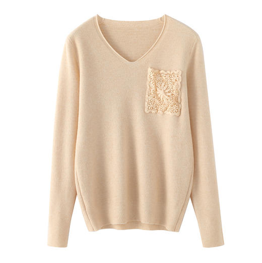 QHJY-JY917软糯毛衣V领针织打底衫女秋冬修身钩花口袋显瘦针织毛衫长袖上衣 商品图4