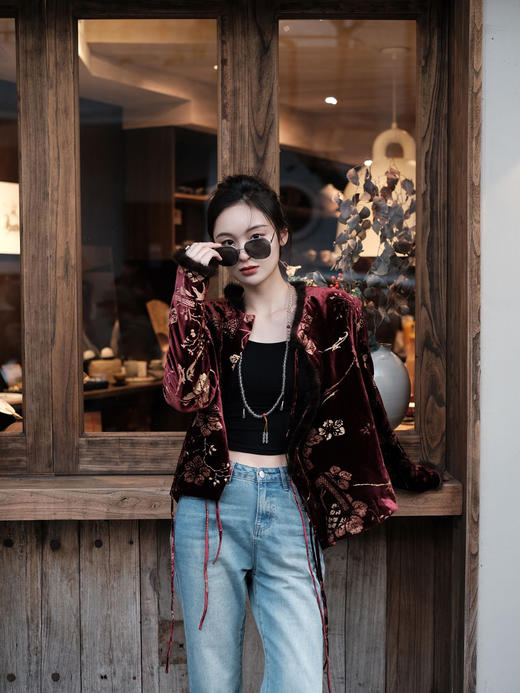 盛唐牡丹|丝绒烫金水貂毛夹棉斜襟系带上衣 商品图1