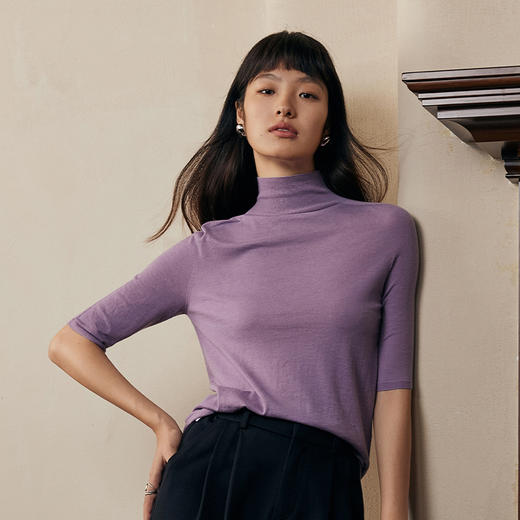 IN AND ON 慵懒风山羊绒针织上衣软糯桑蚕丝高领半袖毛衣53655 商品图2