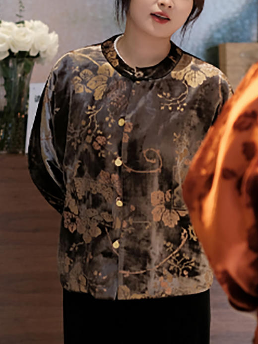 盛唐牡丹 |金棕色丝绒烫金双面穿外套 (不夹棉） 商品图1