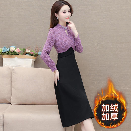 时尚气质加绒保暖连衣裙，拼结蕾丝网纱裙A字裙QYM-HL-23F070-Y 商品图1