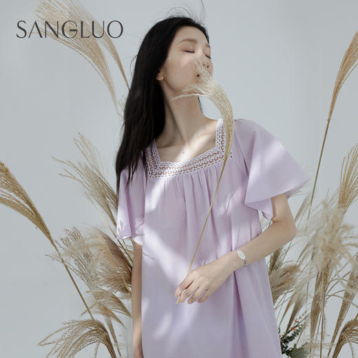 【新品】桑罗桑蚕丝丝棉睡裙方领蕾丝镂空睡衣外穿家居服度假裙03363199 商品图4