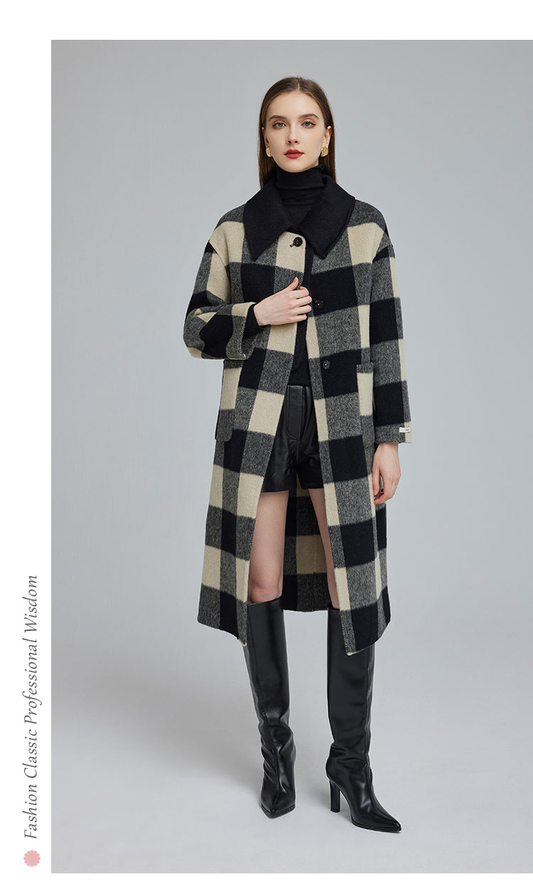 nh960斯尔丽23冬宽松显瘦撞色领双面羊毛格子保暖大衣