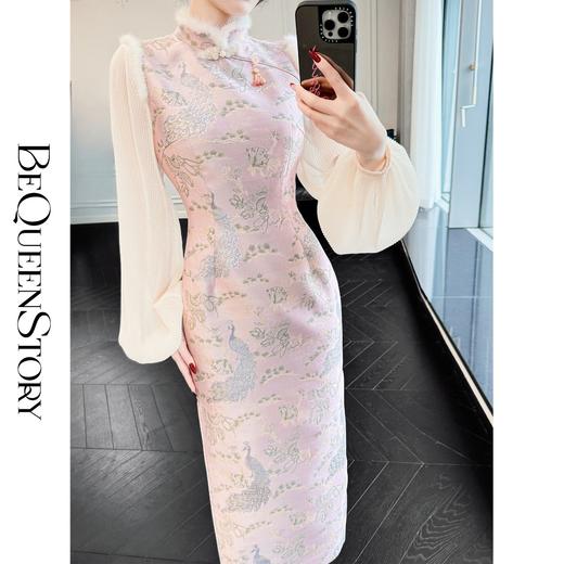 BeQueenStory【浮华美梦】国风提花网纱拼水貂毛连衣裙&90鹅绒马甲 商品图0