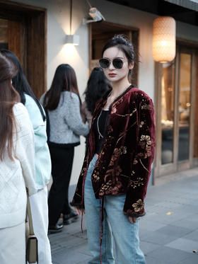 盛唐牡丹|丝绒烫金水貂毛夹棉斜襟系带上衣