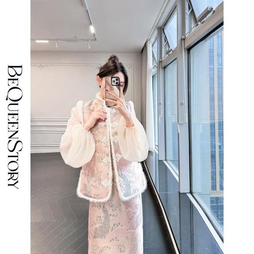 BeQueenStory【浮华美梦】国风提花网纱拼水貂毛连衣裙&90鹅绒马甲 商品图2