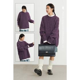 彩纱复古紫粗针麻花重磅加厚爱尔兰毛衣