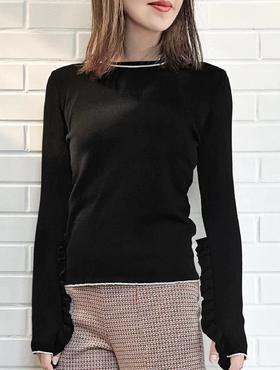 TYNVIE 荷叶边装饰袖口套头针织衫-黑色