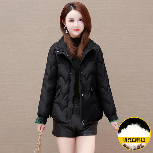 宽松短款波浪纹时尚保暖羽绒服，长袖拼色时髦鸭绒外套QYM-XQD-39D862-L 商品图1