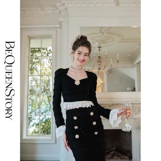 BeQueenStory【山茶舞曲】时髦宫廷风泡泡袖蕾丝秋冬修身显瘦套装裙 商品图2