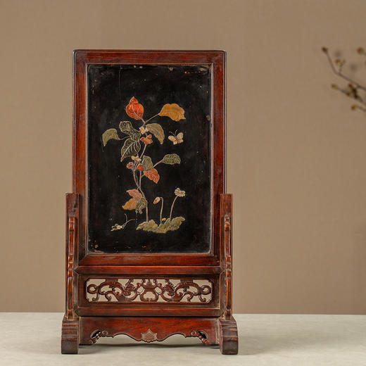 清 黄花梨镶漆地百宝嵌花卉纹插屏 商品图0