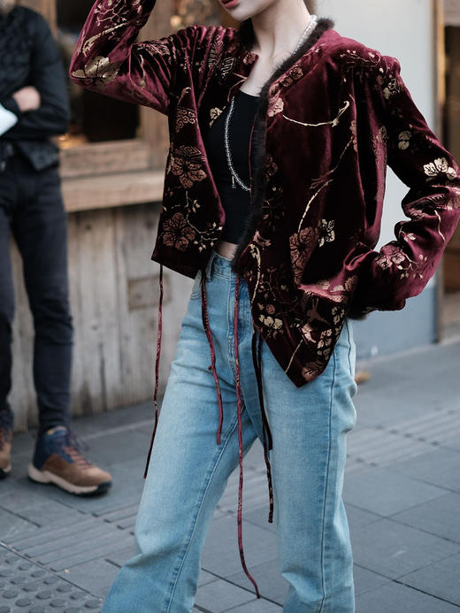 盛唐牡丹|丝绒烫金水貂毛夹棉斜襟系带上衣 商品图5