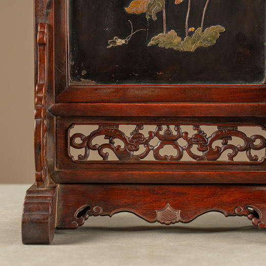 清 黄花梨镶漆地百宝嵌花卉纹插屏 商品图4