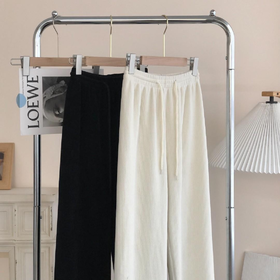 金蘑菇菇 冬日暖暖裤 竖条纹理松紧腰阔腿裤长裤秋冬休闲宽松