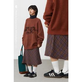 紫棕色斜纹格子复古鱼尾半身裙腰头可抽绳