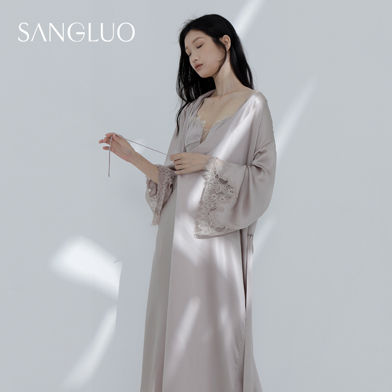 桑罗桑蚕丝睡袍手工雕花蕾丝拼接镂空婚礼晨袍家居服睡衣03062003
