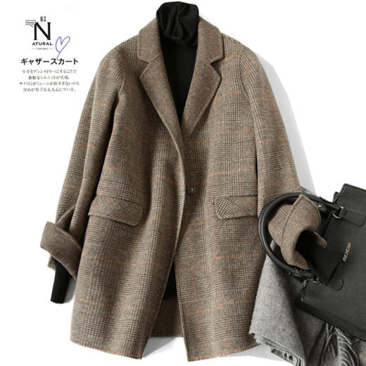 丁摩 手缝双面羊毛西装外套女女装秋冬季格子毛呢大衣3ZF-8023 商品图0