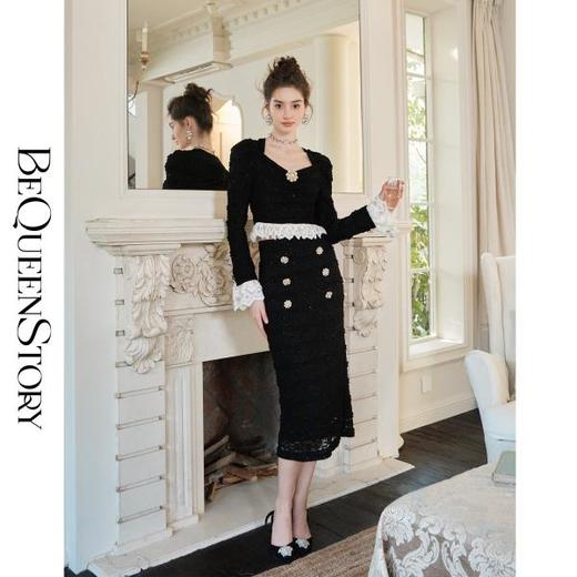 BeQueenStory【山茶舞曲】时髦宫廷风泡泡袖蕾丝秋冬修身显瘦套装裙 商品图3