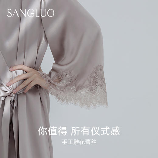 桑罗桑蚕丝睡袍手工雕花蕾丝拼接镂空婚礼晨袍家居服睡衣03062003 商品图4