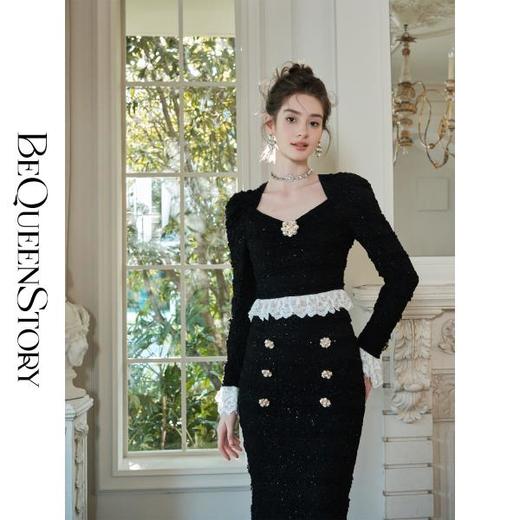 BeQueenStory【山茶舞曲】时髦宫廷风泡泡袖蕾丝秋冬修身显瘦套装裙 商品图0