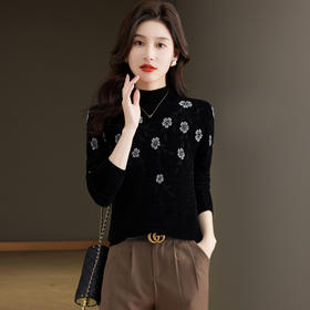 黑色天鹅绒打底衫，女士秋冬洋气毛衣新款妈妈内搭修身长袖t恤CC-121-8600