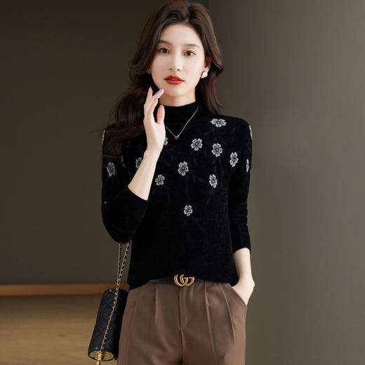 黑色天鹅绒打底衫，女士秋冬洋气毛衣新款妈妈内搭修身长袖t恤CC-121-8600 商品图0