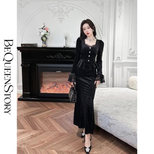 【年终福利，不退不换】  【布鲁斯之夜】丝绒提花满天星烫钻钉珠上衣半裙套装女 商品图2