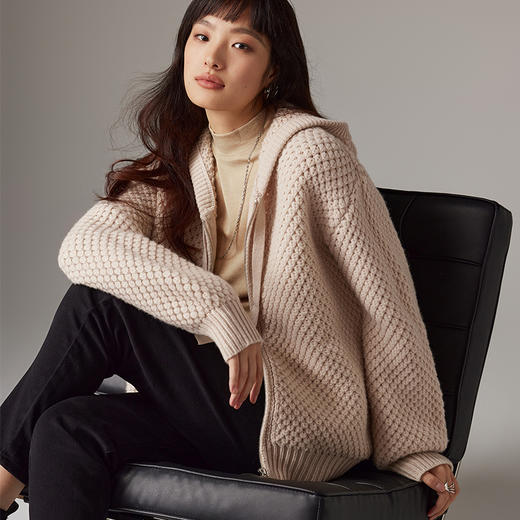 IN AND ON 复古慵懒风羊毛连帽毛衣秋冬新款波萝纹软糯显瘦针织衫53781 商品图1