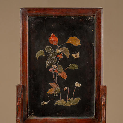 清 黄花梨镶漆地百宝嵌花卉纹插屏 商品图2