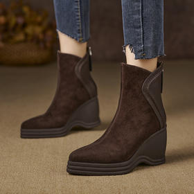 时尚百搭，厚底坡跟尖头后拉链短靴NWS-N9417