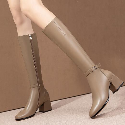 软皮高筒靴子加绒中跟长靴，不过膝黑色杏色尖头粗跟马靴HY-H3278 商品图4