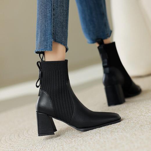 【预售5天】秋冬方头真皮弹力靴粗跟高跟真皮瘦瘦靴短靴欧美时尚女靴AMN&TX10-81 商品图3