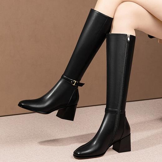 软皮高筒靴子加绒中跟长靴，不过膝黑色杏色尖头粗跟马靴HY-H3278 商品图2