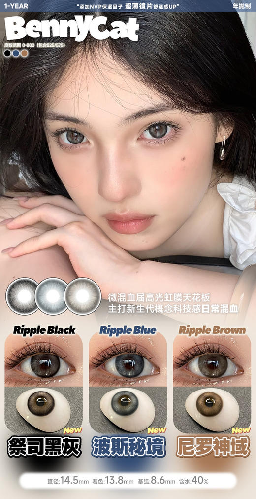 Bennycat2024年抛活动；红遍小红书镜片采用医用NVP保湿因子＋HEMA 锁水工艺敏敏眼放心冲；活动 88/副 108/2副 148/3副 168/4副 商品图3