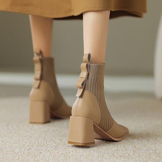 【预售5天】秋冬方头真皮弹力靴粗跟高跟真皮瘦瘦靴短靴欧美时尚女靴AMN&TX10-81 商品图1