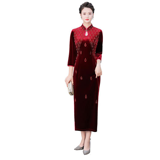 MLY-秋冬新款旗袍金丝绒中长款钉珠旗袍立领 商品图4