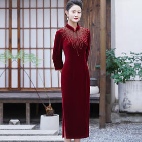 MLY-秋冬琵琶襟旗袍金丝绒中长款天鹅绒金貂绒立领高档