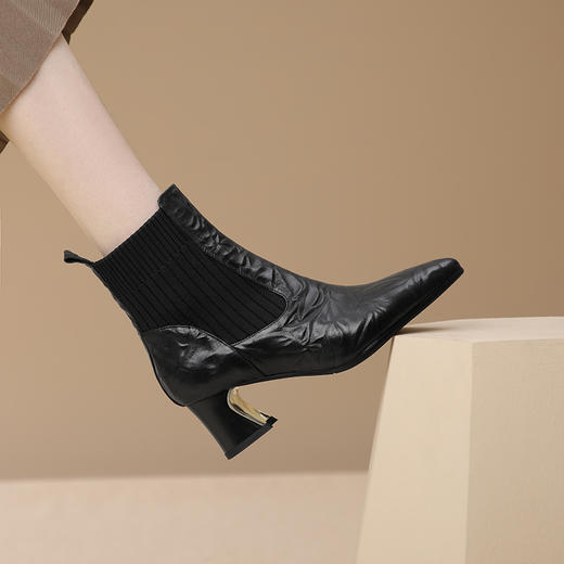 优雅轻熟风，尖头粗跟拼接短靴GLS780 商品图0