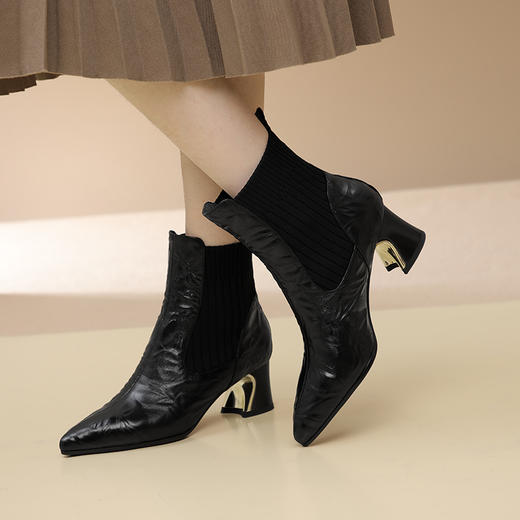 优雅轻熟风，尖头粗跟拼接短靴GLS780 商品图2