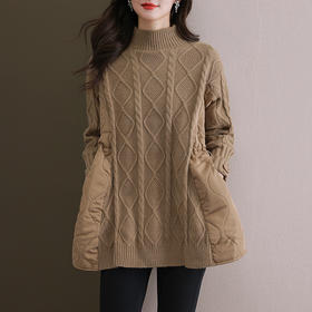中长款宽松外穿棉服，拼接毛衣女秋冬新款冬季加厚半高领打底衫CC-11-68125