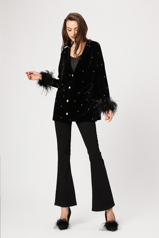 鸵鸟毛袖口黑丝绒亮钻长款弹力开衫外套 商品图3