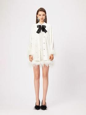 鸵鸟毛袖口白丝绒亮钻长款弹力开衫外套