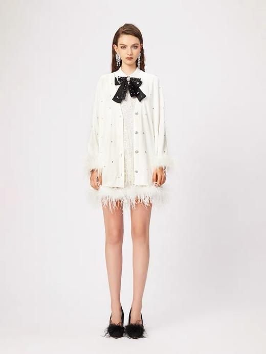 鸵鸟毛袖口白丝绒亮钻长款弹力开衫外套 商品图0