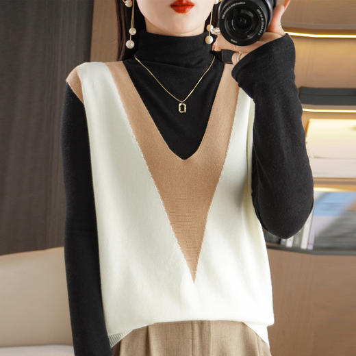 v领撞色背心马甲，针织宽松拼色百搭坎肩外搭毛衣外穿秋冬时尚拼色QH-GH3360 商品图1