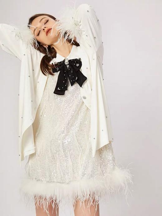 鸵鸟毛袖口白丝绒亮钻长款弹力开衫外套 商品图2